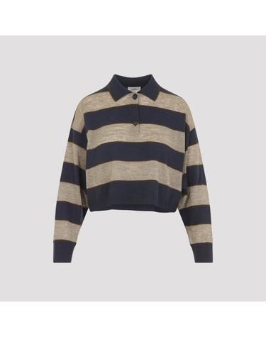 [해외직구] 26FW 브루넬로 쿠치넬리 스파클링 스트라이프 크롭 니트 폴로 M16221605 CNQ41 BLUE BROWN