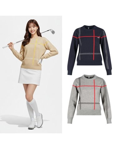 럭스골프 여성 크루넥 그리드 패턴 방풍 니트 풀오버 LB25W804W