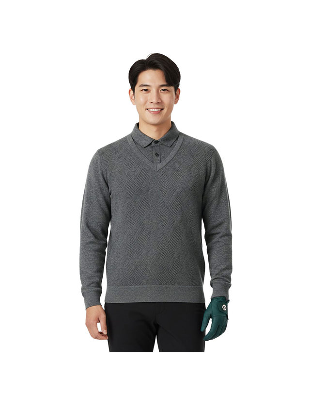 럭스 럭스골프 남성 자카드 레이어드 카라 기모 긴팔 티셔츠 BLU25W431 착용컷
