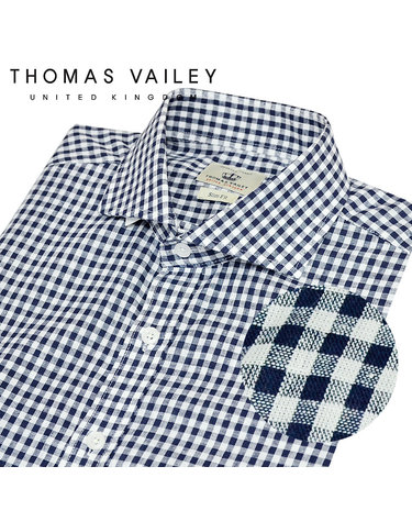 [THOMAS VAILEY] 토마스 베일리 린넨 깅엄체크 와이드카라 슬림핏 셔츠 네이비 1THTHC1MSU146