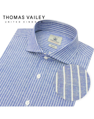 [THOMAS VAILEY] 토마스 베일리 린넨 스트라이프 와이드카라 셔츠 블루 1THTHA5MSU131