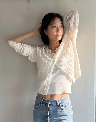 코지 블라썸 루프 자개 가디건_아이보리 블루 S M