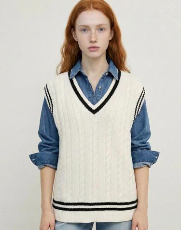 Pure Cotton Cable Knit Vest_Ivory