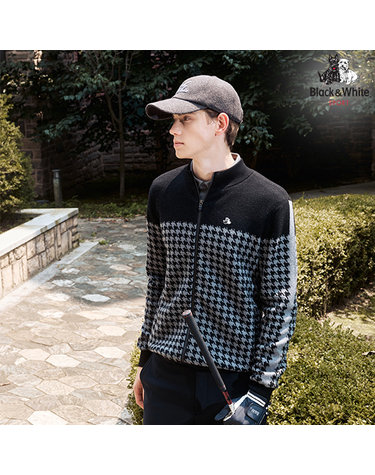 [블랙앤화이트] 남성 하운드투스 자가드 패턴 니트가디건 2814GXKW_BLACK