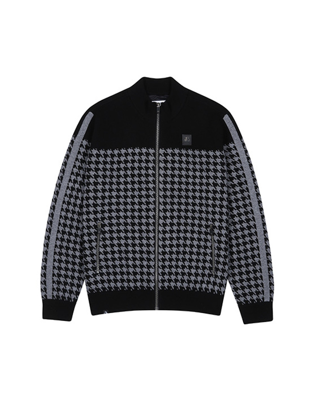 블랙앤화이트 [블랙앤화이트] 남성 하운드투스 자가드 패턴 니트가디건 2814GXKW_BLACK 착용컷