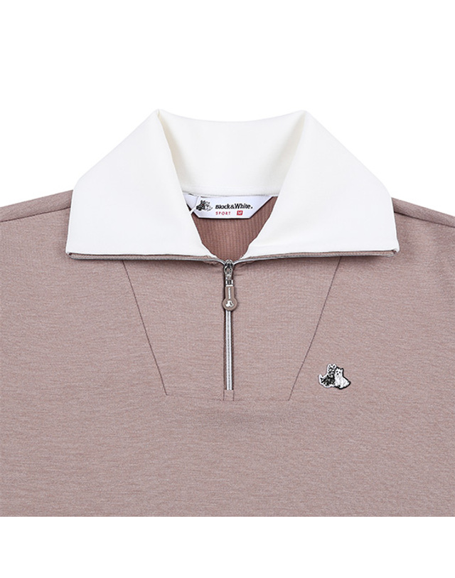 블랙앤화이트 [블랙앤화이트] 여성 쿠션지 카라 배색 반집업 티셔츠 9105LBSP_BEIGE 착용컷