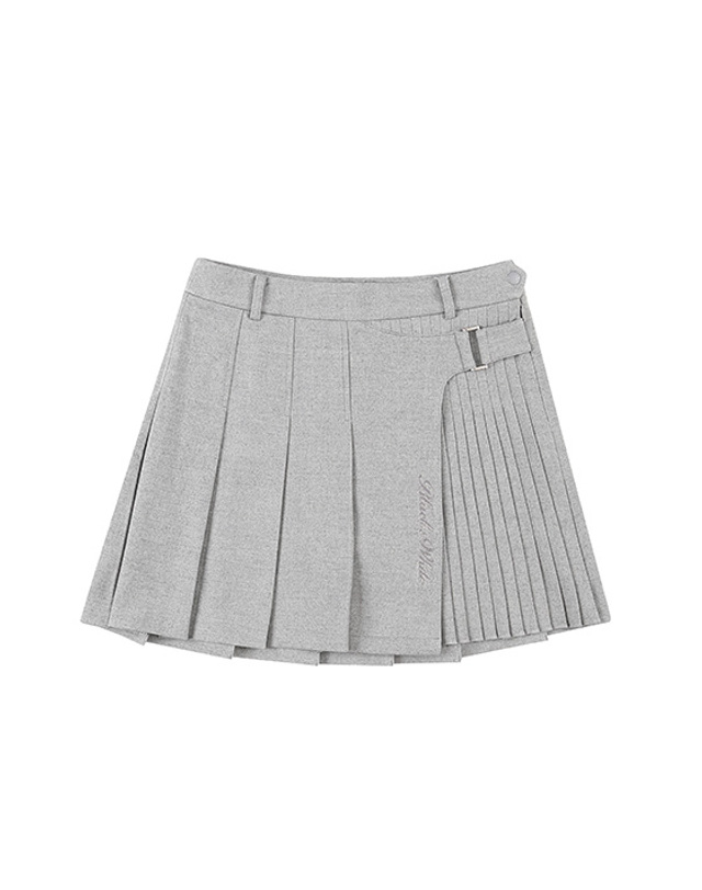 블랙앤화이트 [블랙앤화이트] 여성 벨트 장식 플리츠 믹스 스커트 4005LBWR_GREY 착용컷