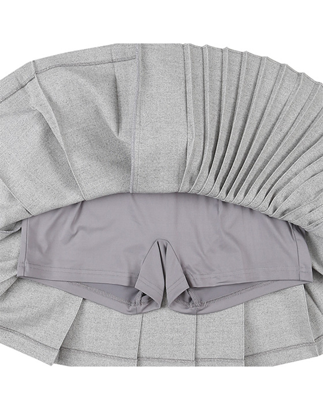 블랙앤화이트 [블랙앤화이트] 여성 벨트 장식 플리츠 믹스 스커트 4005LBWR_GREY 착용컷