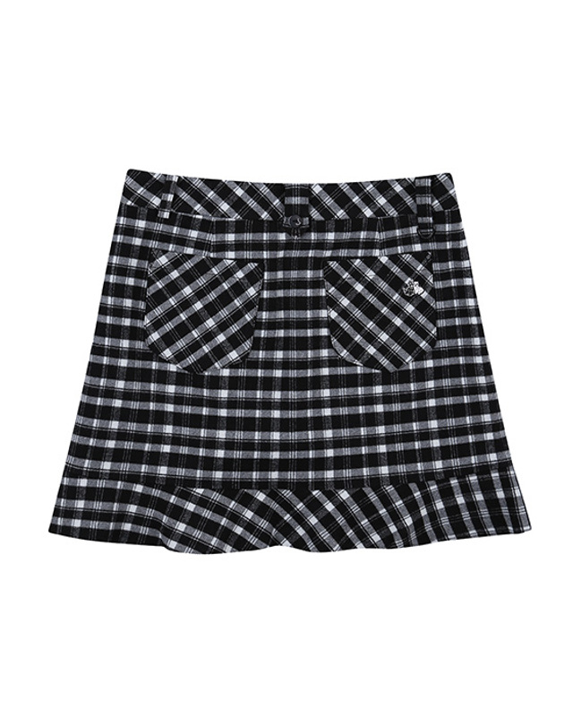 블랙앤화이트 [블랙앤화이트] 여성 가을 T/R 체크 양면 기모 플레어 스커트 4401LDSF_BLACK 착용컷