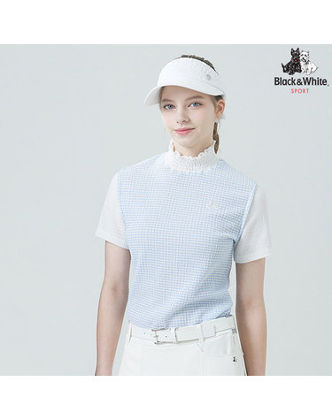[블랙앤화이트] 여성 스모킹카라 배색 반팔 하이넥 티셔츠 9216LZPP_BLUE