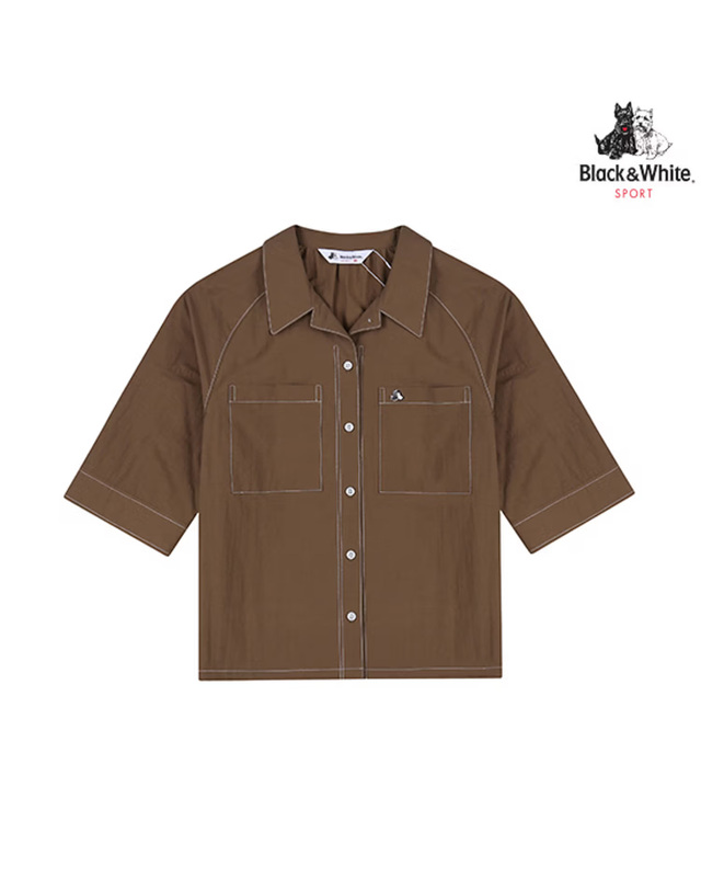 블랙앤화이트 [블랙앤화이트] 여성 오픈 카라 7부 소매 블라우스 6006LAUC_BROWN 착용컷