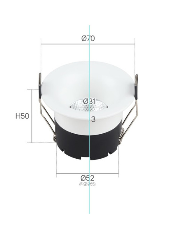 휴빛조명 TN-DEL 55mm(2인치) 고연색성 Ra90 다운라이트 LED 10W 화이트 주백색 착용컷
