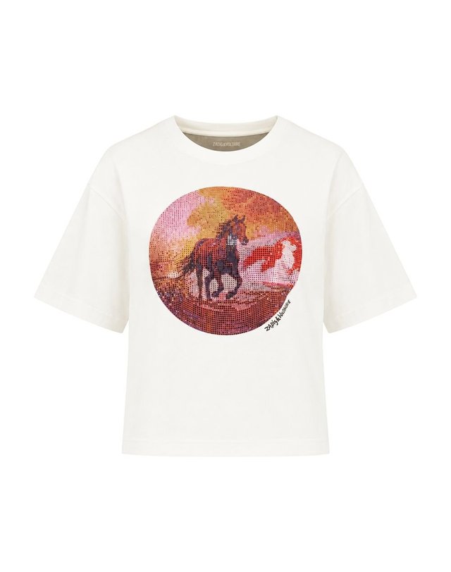 쟈딕앤볼테르 [해외직구] 26 F/W 쟈딕 앤 볼테르 TAIDA 포토 홀스 스트라스 티셔츠 ZADIG VOLTAIRE 코튼 화이트 JWTS02919-103 B0732259501 착용컷