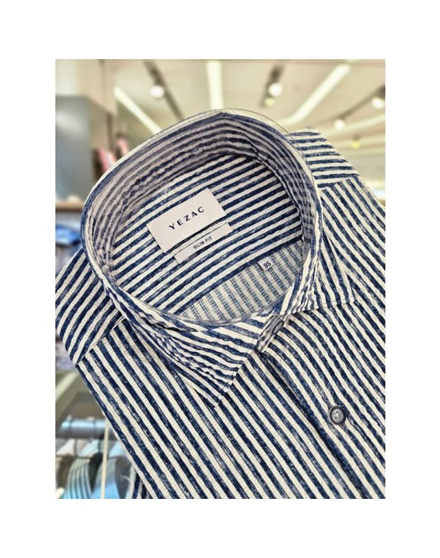 예작셔츠_ [갤러리아] 예작 런던 스트라이프 시어서커 슬림핏 반소매 YJFMIS443NY 착용컷