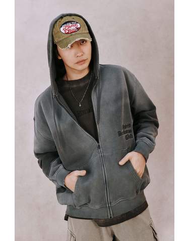 3단 쭈리 오버핏 빈티지 자수로고 후드 집업(B251TJ325P)
