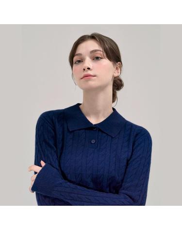 홀 케이블 칼라 넥 풀오버(롱슬리브) 네이비 WFC522 (CASHMERE 30% WOOL 70%)