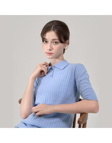 홀 케이블 칼라 넥 풀오버(하프슬리브) 블루 WNH532 (CASHMERE 30% WOOL 70%)