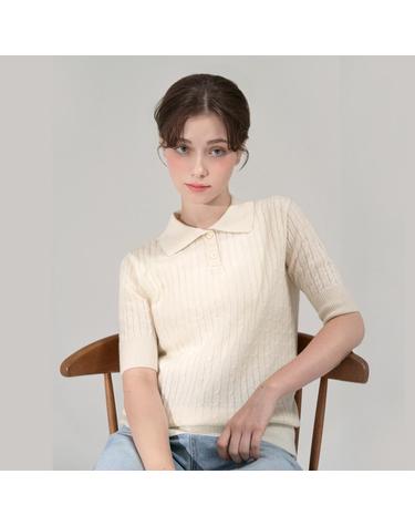 홀 케이블 칼라 넥 풀오버(하프슬리브) 아이보리 WNH531 (CASHMERE 30% WOOL 70%)
