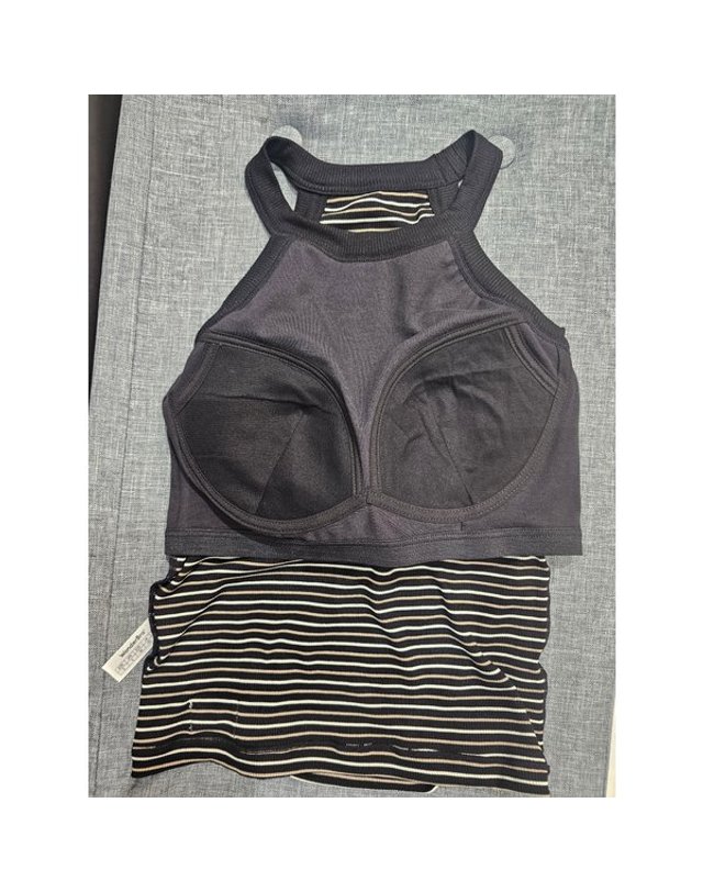 원더브라 wonderbra [갤러리아] 블랙 홀터넥 스트라이프 브라탑(S~L) WBWTB6M39T 착용컷