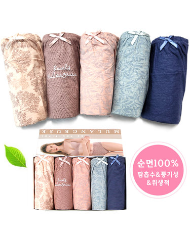 [보리보리] 할머니팬티 여성 맥시 팬티 5매 프리미엄 순면100 메모리 라비앙 위시 모닝