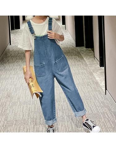 [보리보리] 배기핏멜빵바지 주니어멜빵통바지 초등여아 댄스배기팬츠 데님