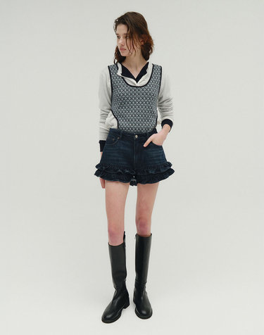 FRILL FLARE DENIM SHORTS [BLUE]