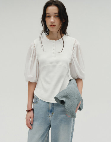 솔티페블 MIXED SHEER PUFF SLEEVE TOP [WHITE]
