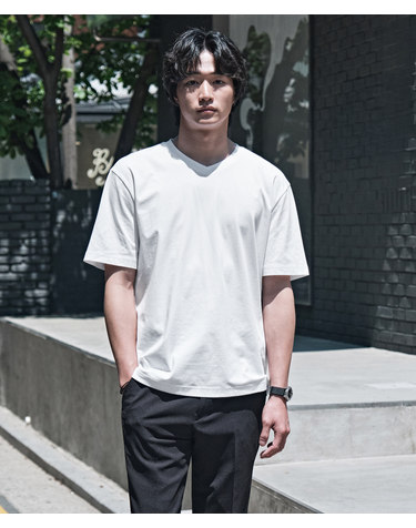 [BLACK LABEL] 수피마 브이넥 반팔 티셔츠_화이트 (세미오버핏)_STSWB81NSW