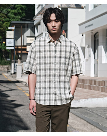 시어서커 체크 반팔 셔츠_화이트 (오버핏)_LDSXB64OCW