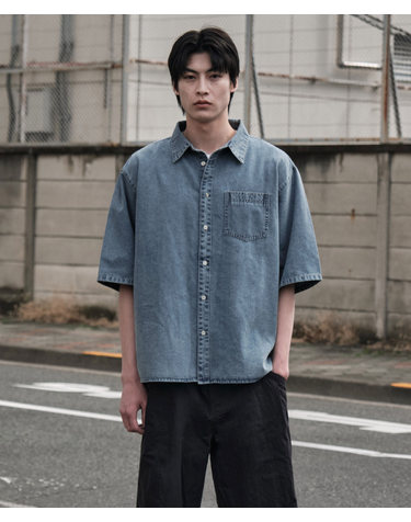 워싱 데님 반팔 셔츠_블루 (오버핏)_LDSXB01OS3