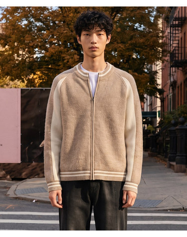 바시티 배색 풀집업 가디건_베이지 (세미오버핏)_DKGVD61CMD