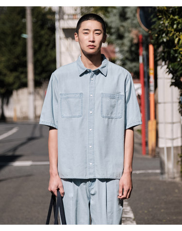 워싱 데님 셋업 반팔 셔츠_블루 (오버핏)_LDSWB03OSL