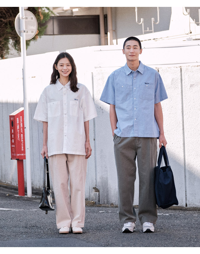 에스티코 더블포켓 자수 포인트 옥스포드 반팔 셔츠_화이트 (오버핏)_LDSWB04OSW 착용컷