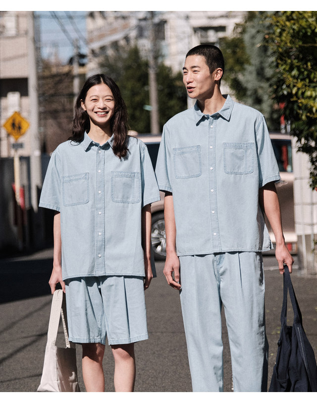 에스티코 워싱 데님 셋업 반팔 셔츠_블루 (오버핏)_LDSWB03OSL 착용컷