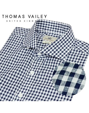 [갤러리아] [THOMAS VAILEY]토마스베일리 린넨 깅엄체크 와이드카라 슬림핏셔츠 네이비 146