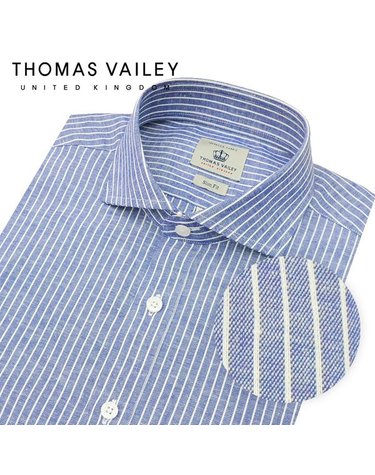 [갤러리아] [THOMAS VAILEY] 토마스 베일리 린넨 스트라이프 와이드카라 셔츠 블루 131