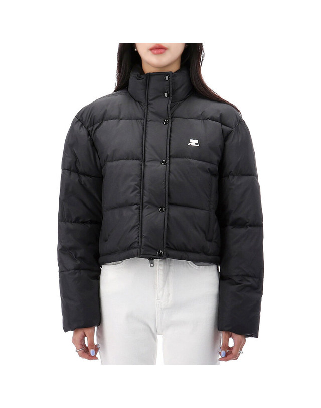 쿠레주 [명품] 꾸레쥬 로고 자수 크롭 패딩 323CMA106PL0112 BLACK 진한 그레이 착용컷