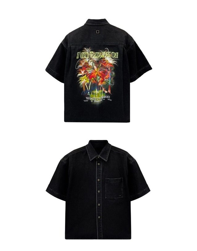 우영미 [명품] 야자수 숏슬리브 데님 반팔 셔츠 블랙 남성 티셔츠 W251SH29875B BLACK 착용컷