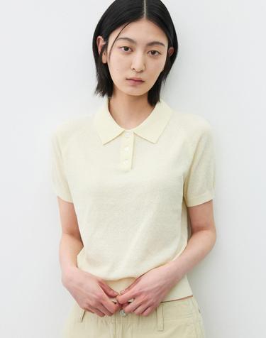 (우먼)코튼 부클 버튼 카라 니트 옐로우