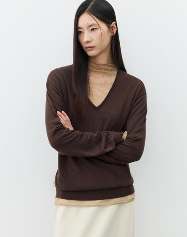 (우먼)파인 울 100 브이넥 니트 브라운