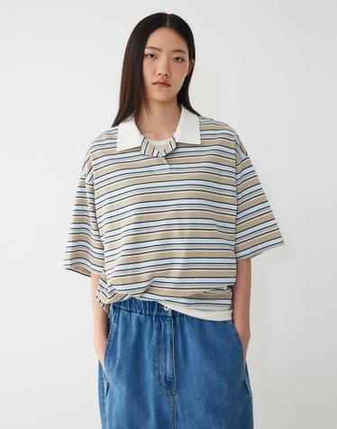 멀티 스트라이프 카라넥 반팔 티셔츠_베이지 9176222986