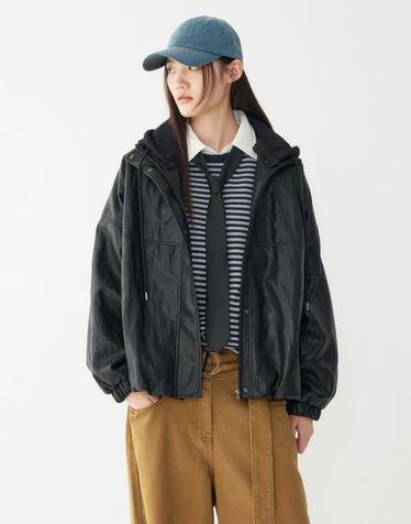[STUDIO TOMBOY] 후드 디테처블 신세틱 레더 자켓_블랙 9176361972