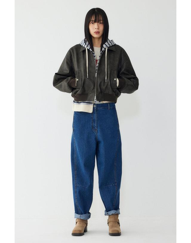 스튜디오 톰보이 [STUDIO TOMBOY] 신세틱 레더 블루종 점퍼_다크카키 9176161971 착용컷