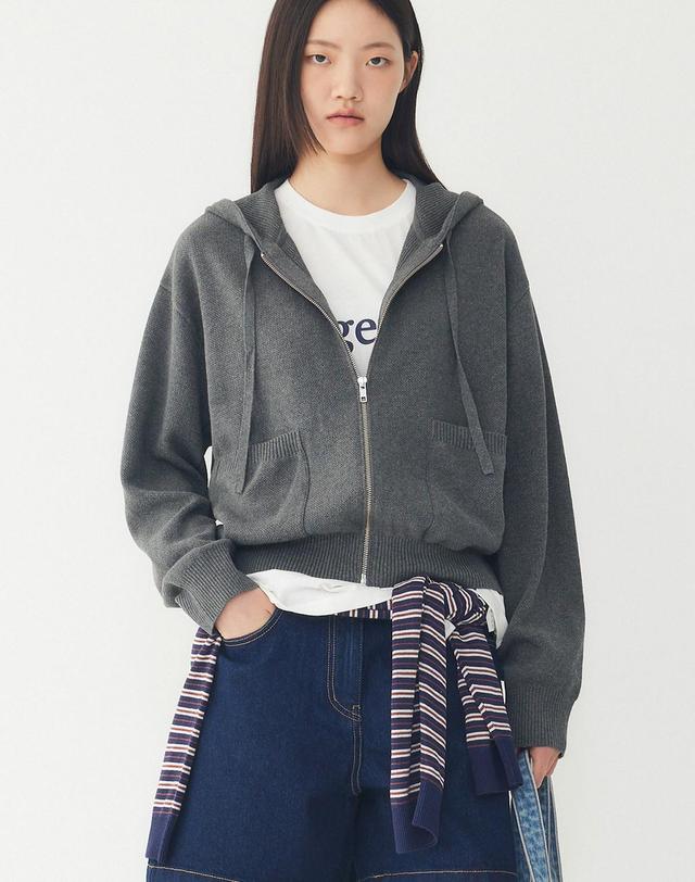 스튜디오 톰보이 [STUDIO TOMBOY] 포켓 포인트 후드 집업 가디건_멜란지 다크그레이 9176351972 착용컷
