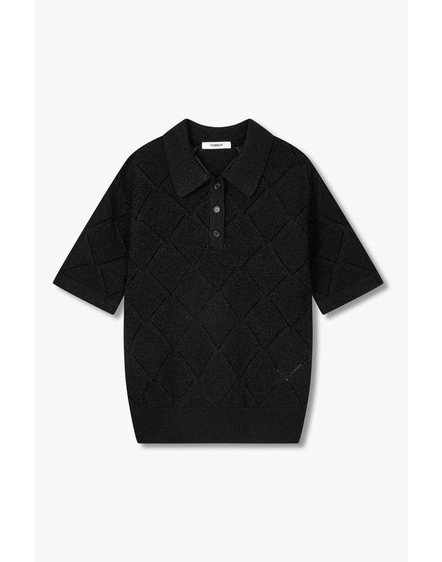스튜디오 톰보이 [STUDIO TOMBOY] 아가일 패턴 크로셰 카라 반팔 니트_블랙 9106252208 착용컷