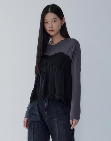 [VOICE OF VOICES] 셔링 패치 티셔츠_다크 그레이 7115440903