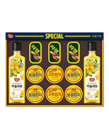 [동원 선물세트] 26년 추석 동원 스페셜 O87호 (라이트스탠다드 85g 4캔 + 고추참치 85g 2캔 + 리챔 오리지널 120g 3캔 + 카놀라유 480ml 2병)