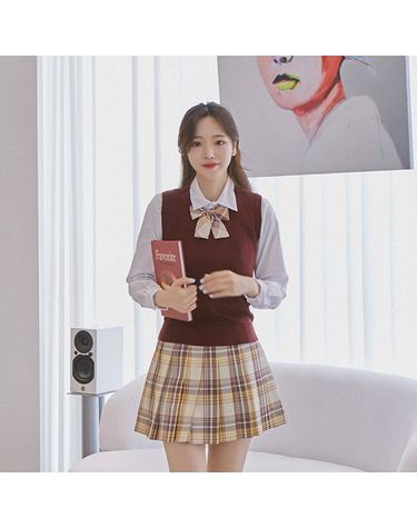 [보리보리] 옐로우 와인체크 스커트 리본타이 SET 교복 학생복