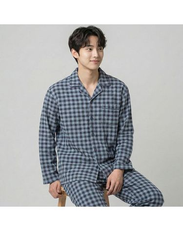 [보리보리] 바풀 SN 180053 남성 기모 수면잠옷 파자마세트 카라 보온잠옷 상하 중간체크블루