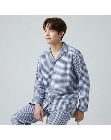 [보리보리] 바풀 SN 180053 남성 기모 수면잠옷 파자마세트 카라 보온잠옷 상하 작은체크블루